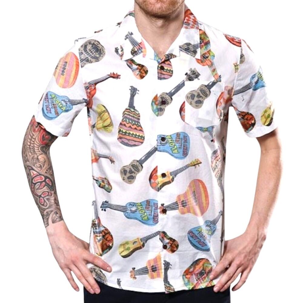 Vans Casual Friday Aloha Shirt Medium White Ukuleles Guitar Summer Tee Button Up